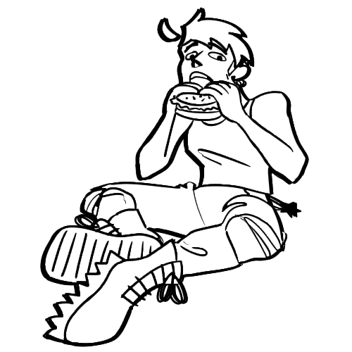 A black and white line drawing of a lesbian eating a burger.